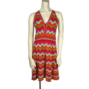 Beth Bowley Geometric Print Knit Dress Small Medium V-neck Fit & Flare Retro MCM